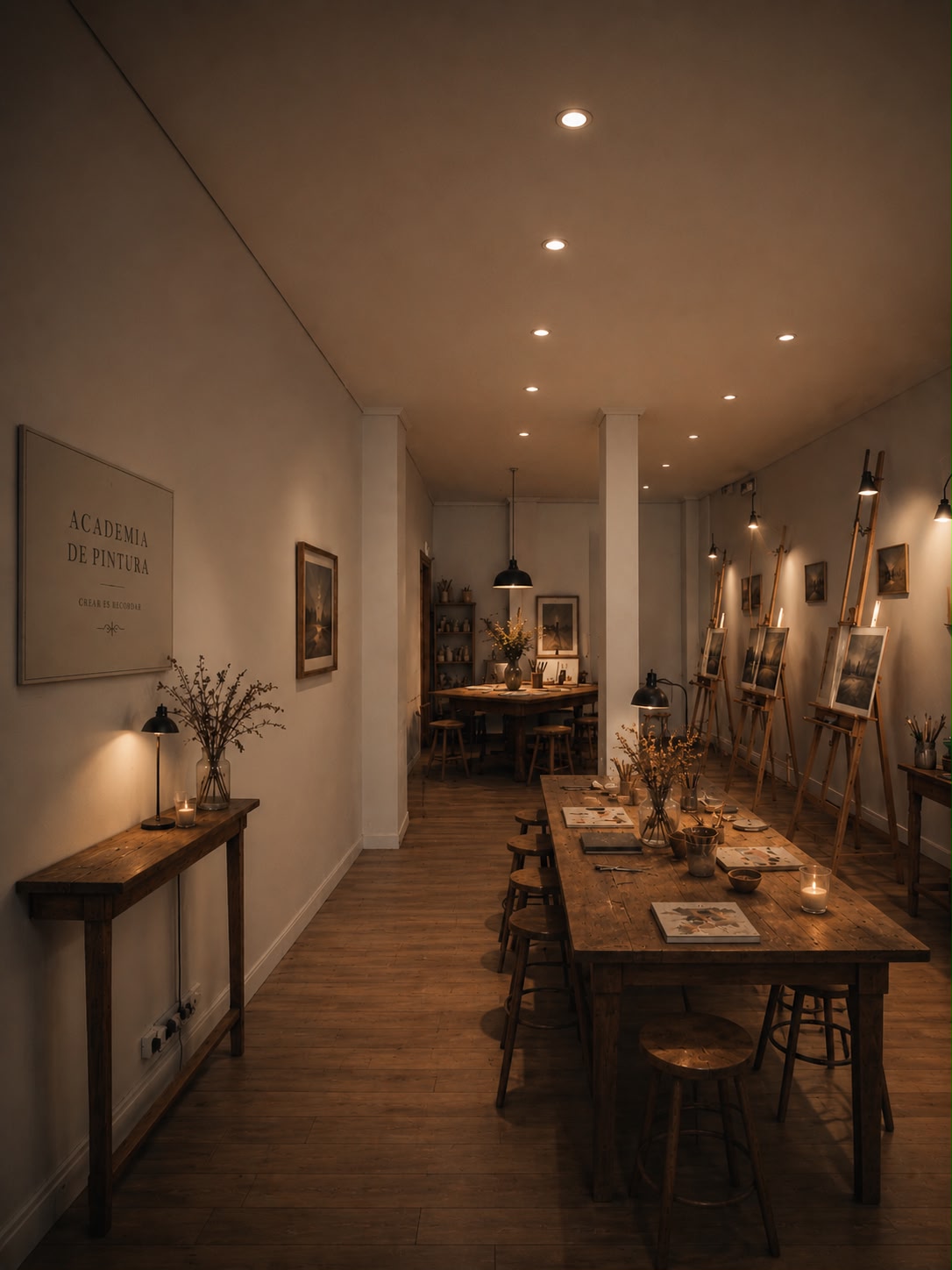 Interior del estudio con caballetes y mesas de trabajo