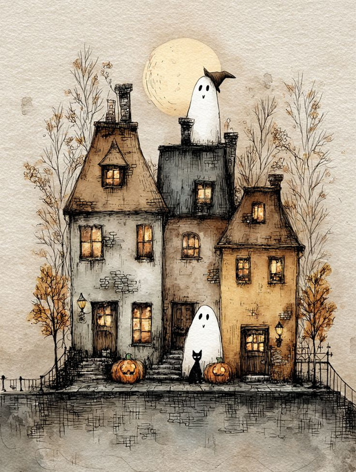 Ilustración en acuarela de una casa encantada con fantasmas