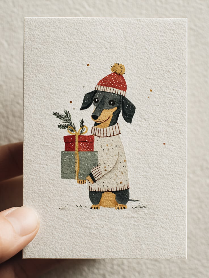 Ilustración en acuarela de un perro salchicha con regalos navideños